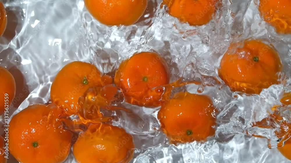 Fresh tangerines splashing into clear water top view slow motion Fresh tangerines splashing into clear water top view slow motion