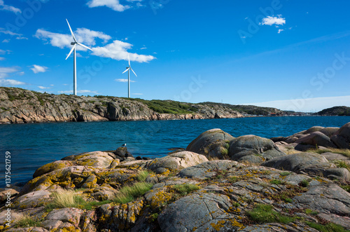 Two wind turbines stand on rocky cliffs overlooking the deep blue sea in Lysekil, Sweden. Seagull rests on the shore, while patches of green grass on foreground rocks add a touch of life to the scene