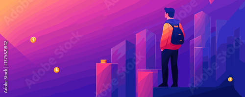 Business growth concept with man on cityscape and coins in vibrant colors - vector.