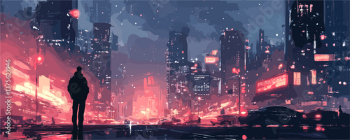 Silhouetted figure in vibrant neon cityscape at night, urban street view - vector.