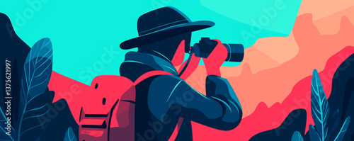 Adventurous traveler photographing colorful mountain scenery in nature - vector.