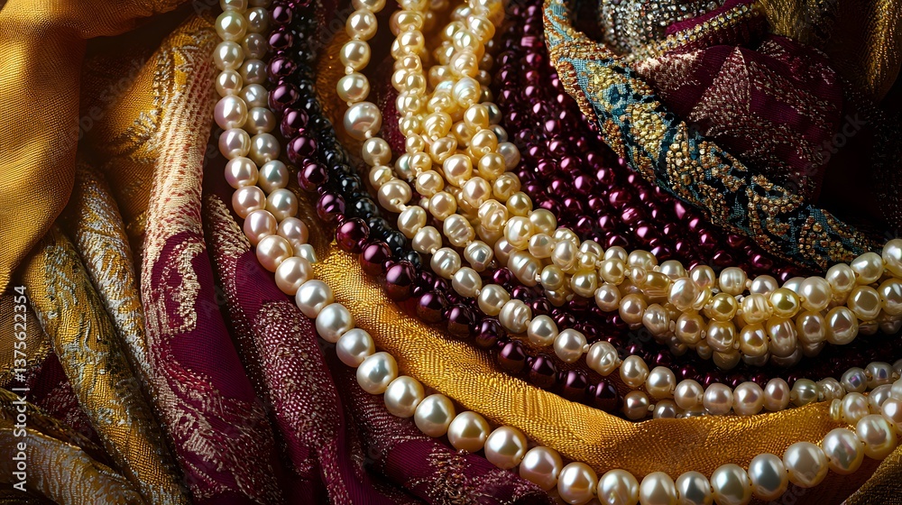 Obraz premium Elegant display of colorful pearls and luxurious fabric in harmony