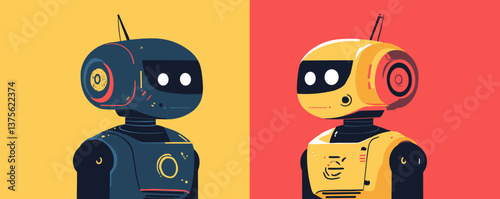 Two colorful robots facing each other on yellow and red background - vector.