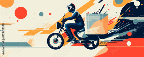 Delivery rider on motorcycle with speeding abstract background - vector.