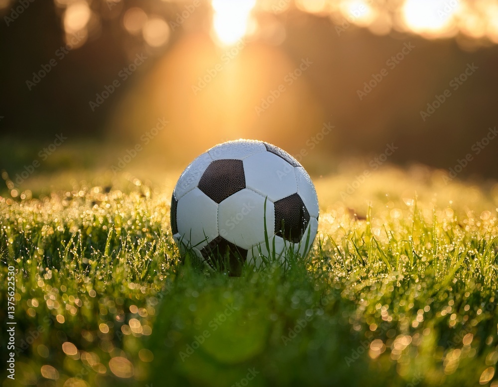 Obraz premium a classic soccer ball sits on lush dewy grass while sunlight sparkles and creates a vibrant fresh atmosphere in the morning