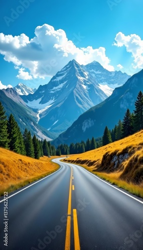 Vibrant mountain scenery with empty road on a sunny day, remote, serenity, quiet