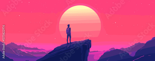 Man standing on cliff at vibrant sunset over mountains - vector art.