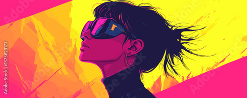 Stylish woman in sunglasses with bold neon colors and updo hairstyle - vector.