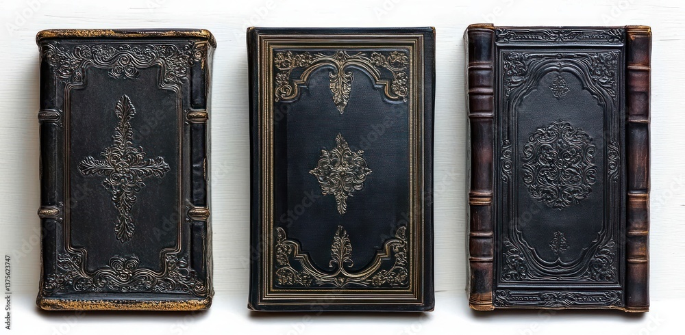 Fototapeta premium Antique Black Leather-Bound Books with Embossed Patterns Vintage Collection on White Background