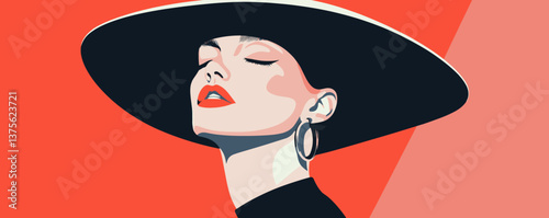 Elegant woman in large hat with bold makeup on red background, fashionable vector.