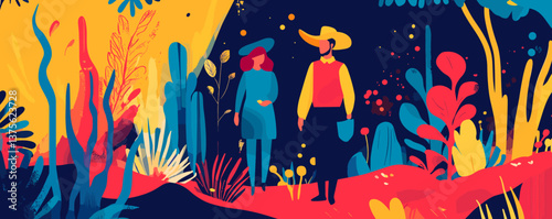 Vibrant nature-inspired abstract art with two colorful figures in a fantasy landscape vector.