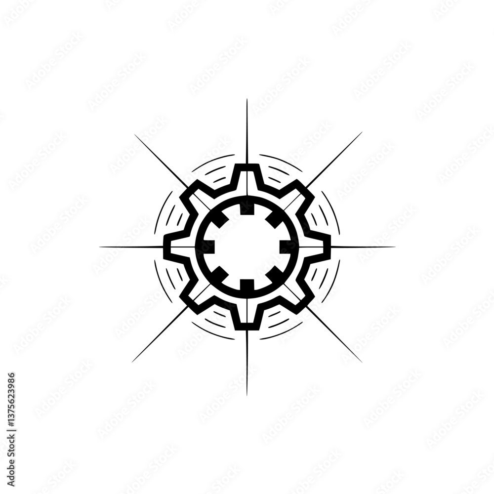 Fototapeta premium Minimalist Gear Icon with Rays, Black & White, Tech Design, Symbol