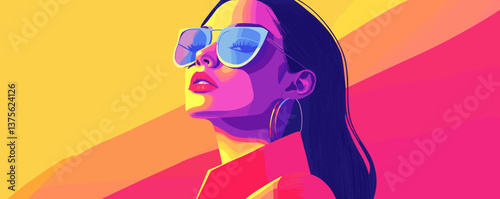 Bold pop art portrait of a confident woman with sunglasses in vibrant colors – vector.