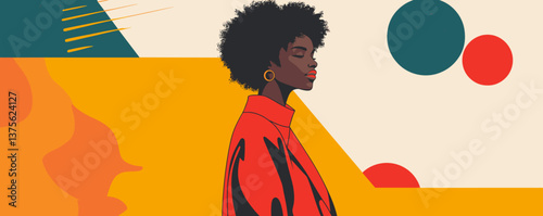 Stylish abstract portrait of woman with afro hair, geometric shapes, and bold colors - vector.