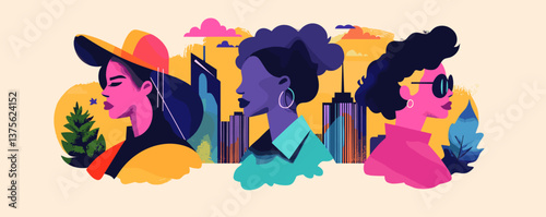 Colorful urban portraits of three women in abstract cityscape – vector.