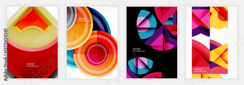 Colorful abstract posters featuring bold geometric layering with concentric circles, sharp triangular segments, and radiant gradients on both white and black backgrounds