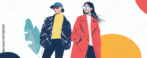 Fashionable women in stylish outerwear with abstract background - vector.