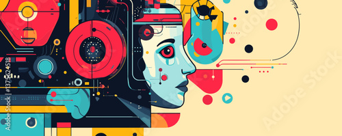 Futuristic abstract art of cybernetic human face with geometric elements, colorful design vector.