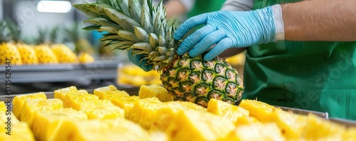 A worker in gloves handling a pineapple in a processing facility, surrounded by chopped pineapple pieces for packing.