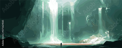 Majestic waterfall landscape with lone traveler in green canyon - vector.