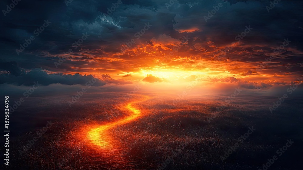 Dark clouds sunset horizon with fiery clouds and glowing sky concept. Stunning sunset over a flowing lava river in a volcanic landscape. Dark clouds sunset horizon with fiery clouds and glowing sky concept. Stunning sunset over a flowing lava river in a volcanic landscape.