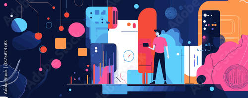 Futuristic technology concept with man interacting with abstract design elements vector.