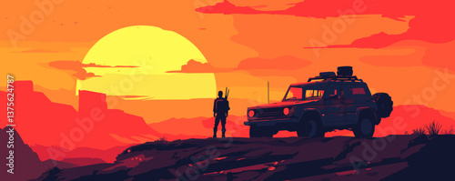 Sunset safari: adventurer and off-road vehicle in desert landscape - vector.