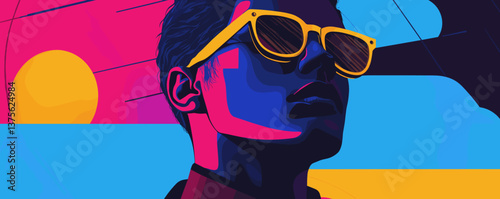 Retro futuristic portrait of a person with sunglasses in vibrant colors - vector.