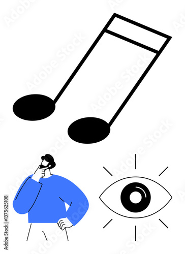 Large musical note, thoughtful person holding their chin, and an eye with radiating lines. Ideal for creativity, vision, inspiration, observation, music idea generation design concepts. Flat simple