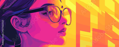 Vibrant woman in glasses with abstract background, pop art style - vector.