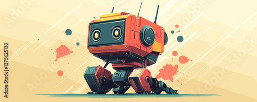 Futuristic robot on abstract background with geometric patterns and splashes - vector.