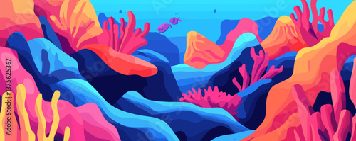 Vibrant coral reef landscape with marine life in stunning colors - vector.