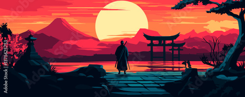 Samurai standing by tranquil lake at sunset with mount fuji and torii gate - vector.