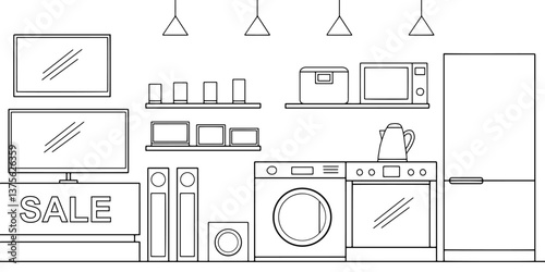 Electronics store interior graphic black white sketch illustration vector 