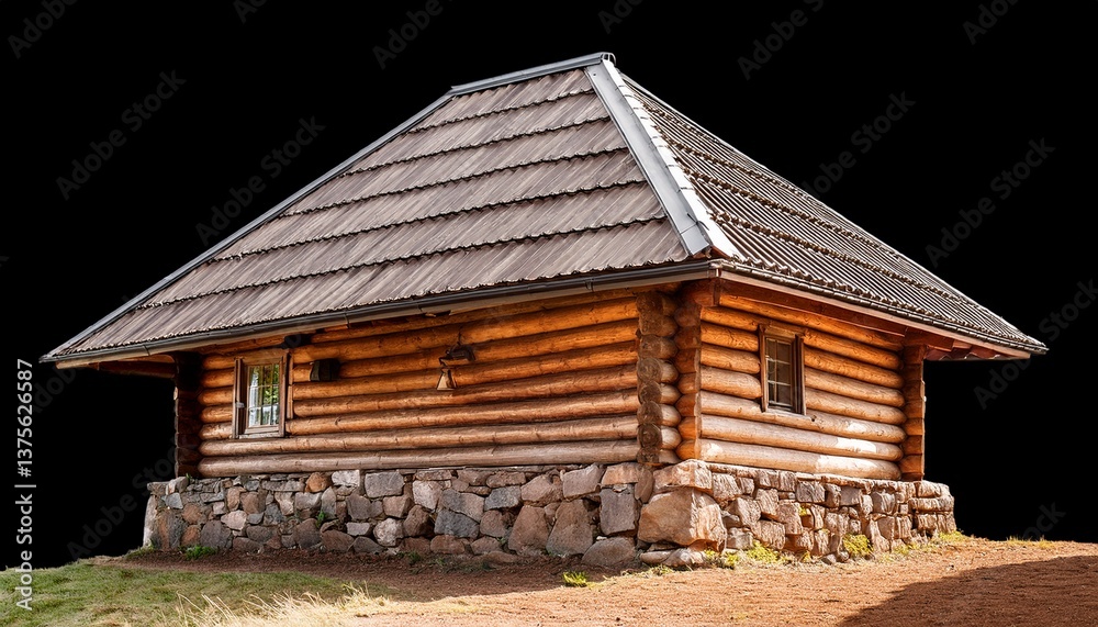 rustic wooden cabin with stone foundation and tiled roof against a black background showcasing traditional construction and earthy tones rustic wooden cabin with stone foundation and tiled roof against a black background showcasing traditional construction and earthy tones