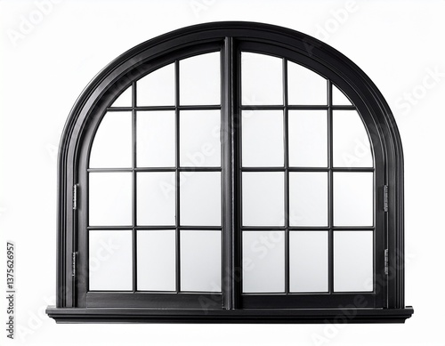 elegant black arched window with fanlight multiple panes isolated white background