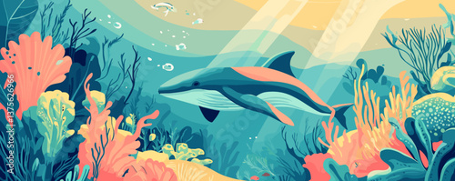Colorful underwater scene with whale and coral reefs in ocean - vector.