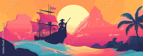 Pirate ship at sunset with mountains and palm trees on ocean horizon, tropical landscape - vector.