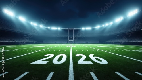 Happy 2026 New Year Football field illuminated by stadium lights with copy space on dark background