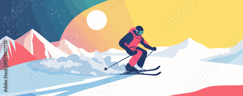 Skier descending snowy mountain at sunrise with vibrant sky and snowflakes - vector.