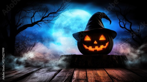 A carved jack o  lantern with a glowing sinister face sits on a weathered wooden platform under a dark cloudy night sky with a full ominous moon photo