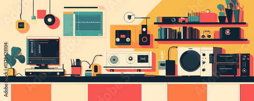 Retro-inspired home audio setup in modern workspace with speakers and vinyl records - vector.