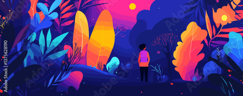 Vibrant night forest with lone wanderer under colorful skies - vector.