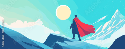 Heroic figure on mountain with red cape and full moon in vibrant sky - vector.