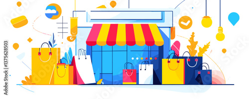 Colorful shopping bags and storefront with abstract elements - vector.