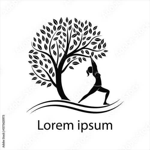 A yoga logo with a tree and a person doing yoga