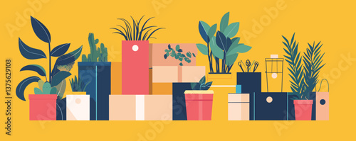 Indoor plants and cardboard boxes seamlessly arranged on yellow background vector.
