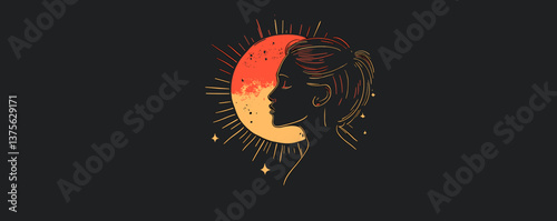 Celestial female silhouette against radiant sun with stars on dark background - vector.