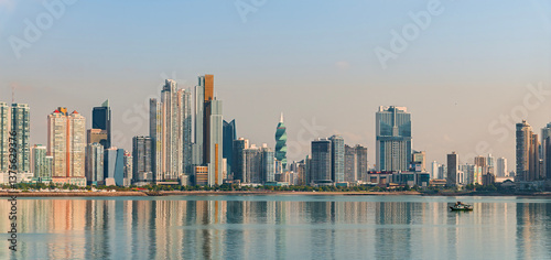 A view of reflections of modern Panama City in the early morning in springtime