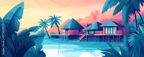 Tropical sunset overwater bungalows with vivid palm trees and reflection in lagoon - vector.